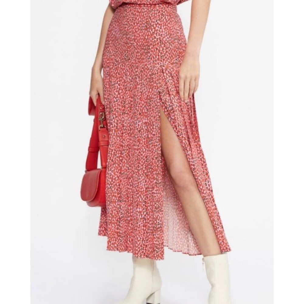 Ted Baker Floral Midi Skirt Pink Red Black Pleated Slit Size 2